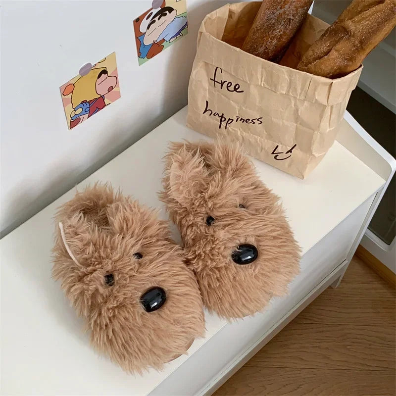 Cute Dog Plush Slippers | Warm Corduroy Indoor Shoes for Couples