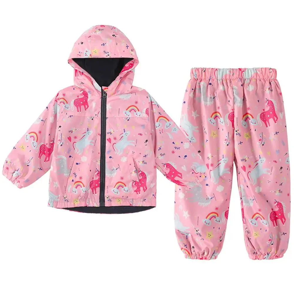 Conjunto infantil de chubasquero y pantalones impermeables con diseño de dinosaurio y unicornio