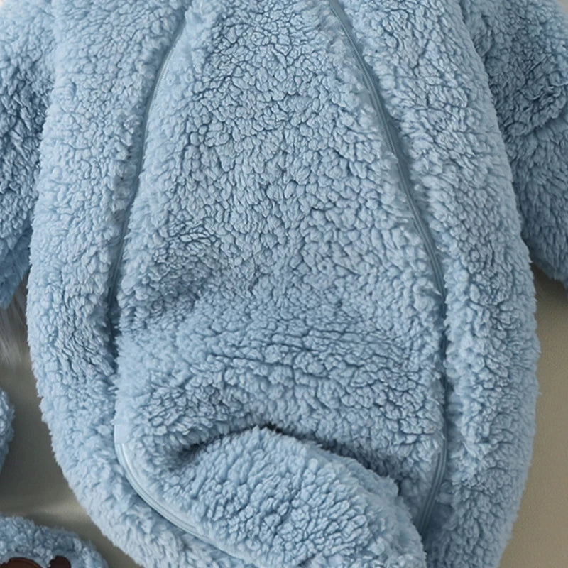 Baby Autumn and Winter Lamb Wool Jumpsuit, Light Blue Bear-Shaped Hooded Romper with Foot Covers for Warmth