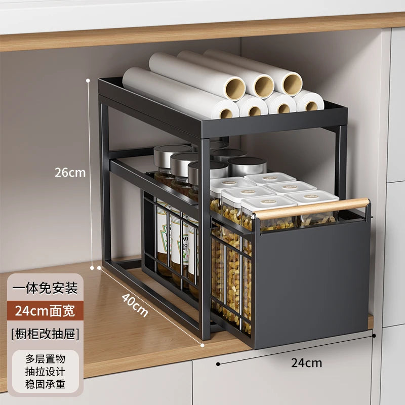 Stainless Steel Under-Sink Storage Rack Multi-Layer Pull-Out Organizer Kitchen Cabinet Basket Heavy-Duty Design