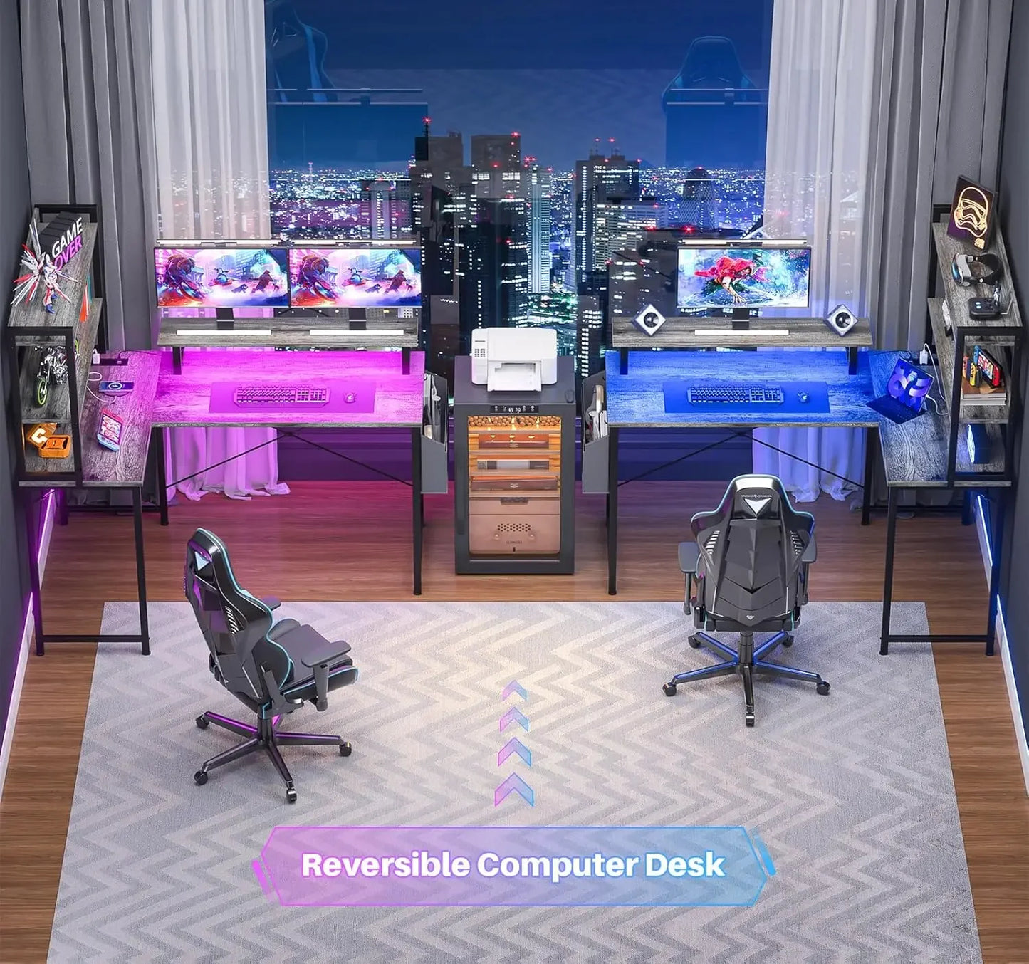 L Shaped Computer Desk with Bookshelf & LED Light | Modern Home Office