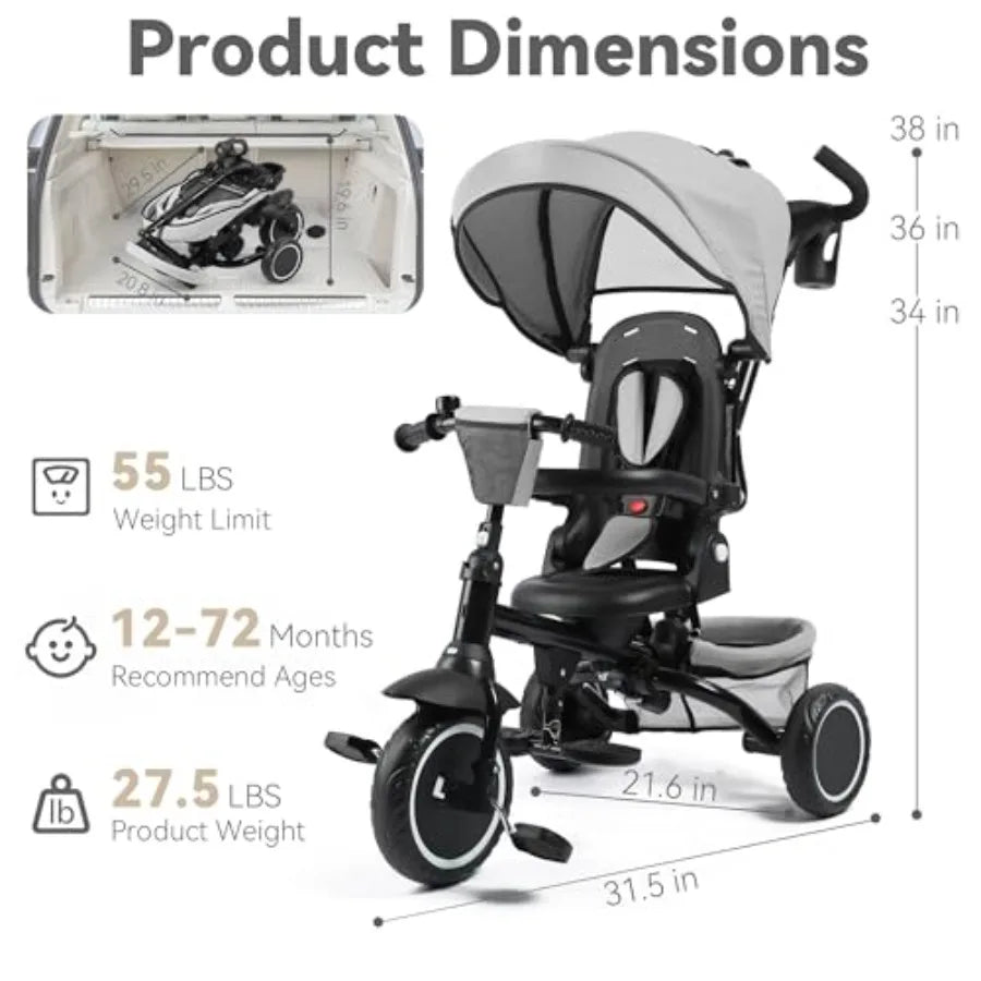 8 in 1 Folding Toddler Tricycle with Canopy and Reversible Seat