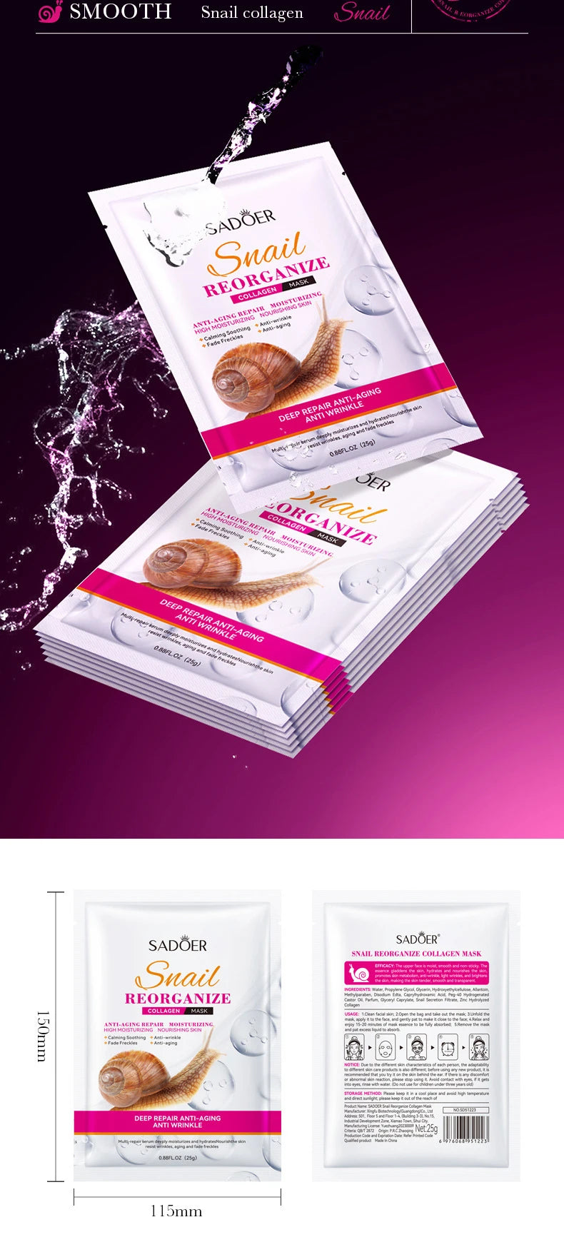 5pcs Snail Collagen Face Masks | Firming & Hydrating Skin Care
