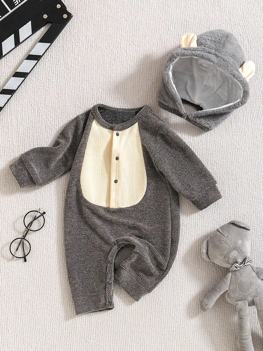 Baby Autumn and Winter Jumpsuit, Gray and Beige Patchwork Hooded Cute Style Infant Romper with Bear Ears and Warm Hat Set