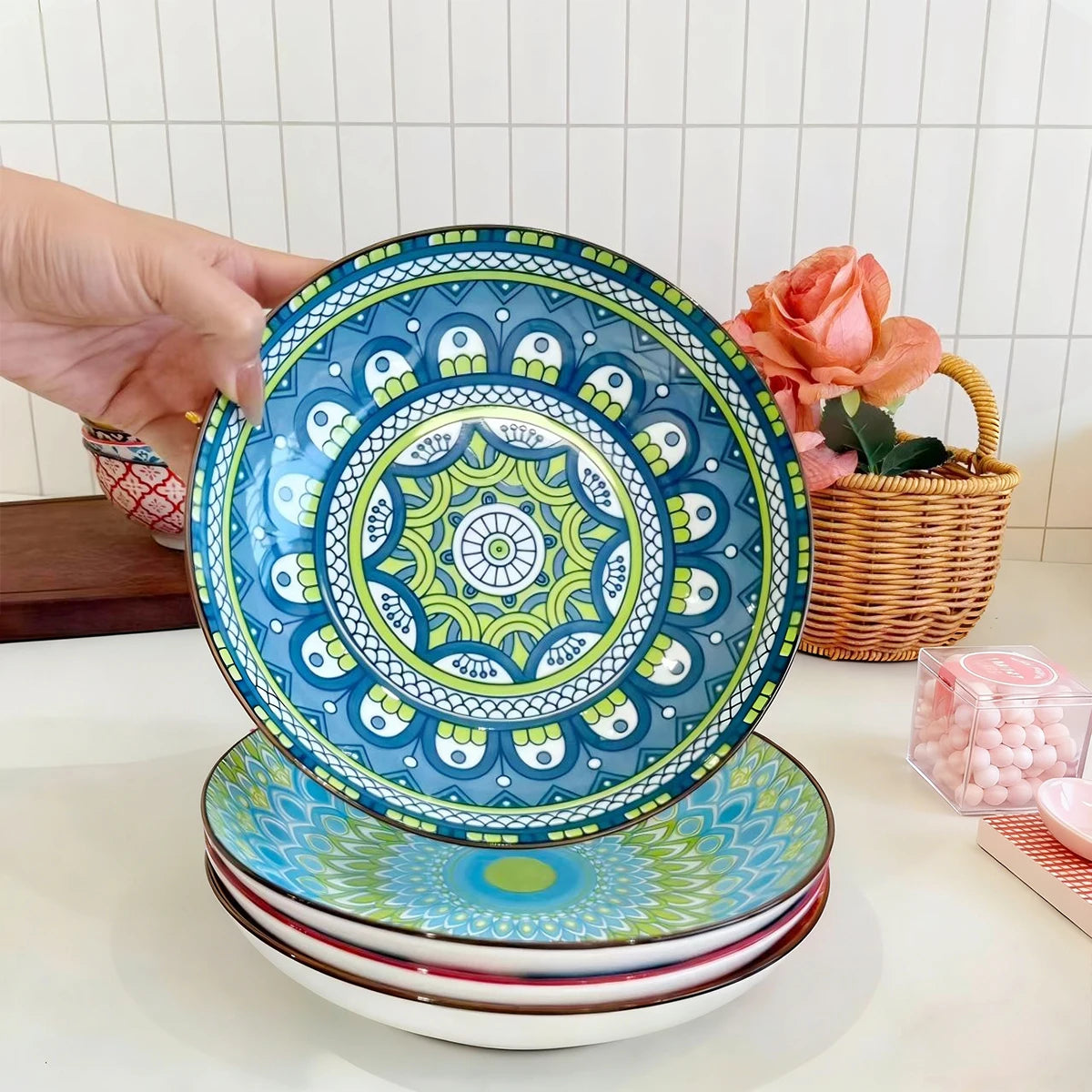 4-Piece Bohemian Ceramic Plate Set | Dishwasher & Microwave Safe