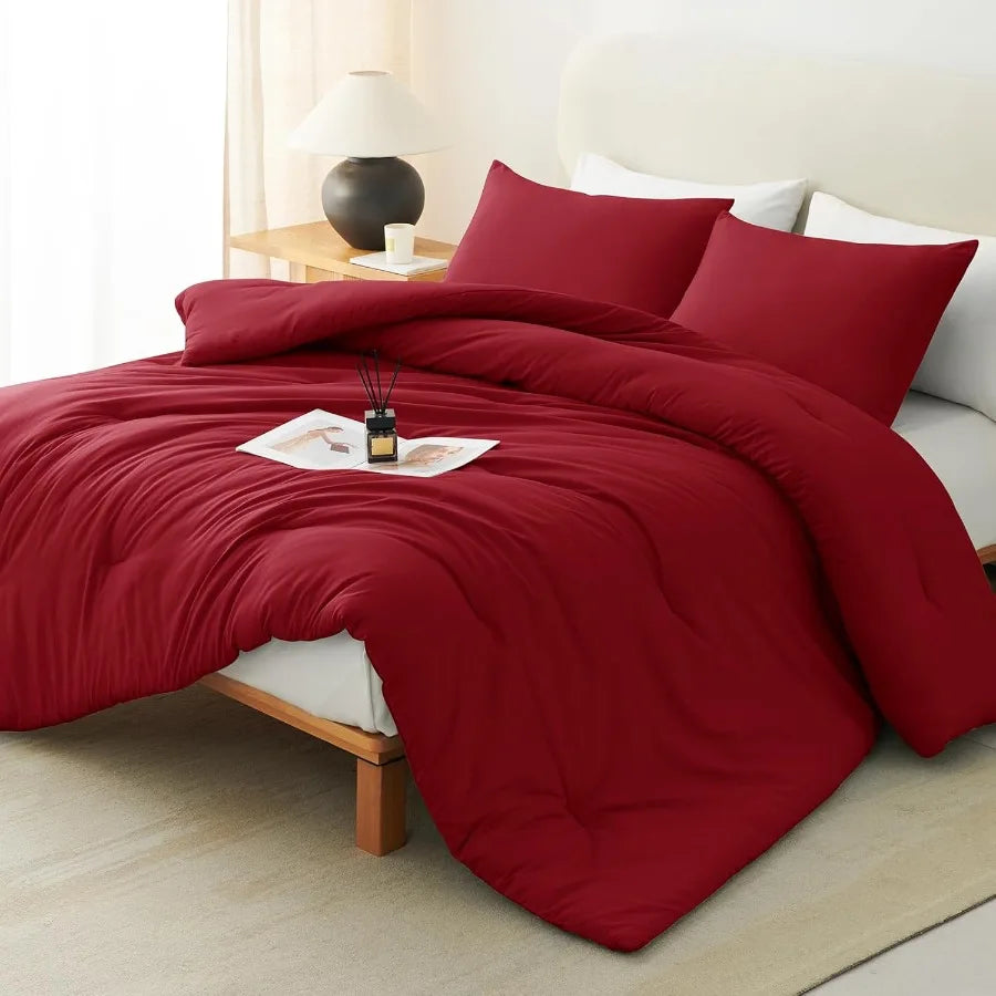 King Size Comforter Set — Dark Red 3-Piece Quilted Plush Bedding Set, Soft Breathable Luxury Comforter with Pillowcases
