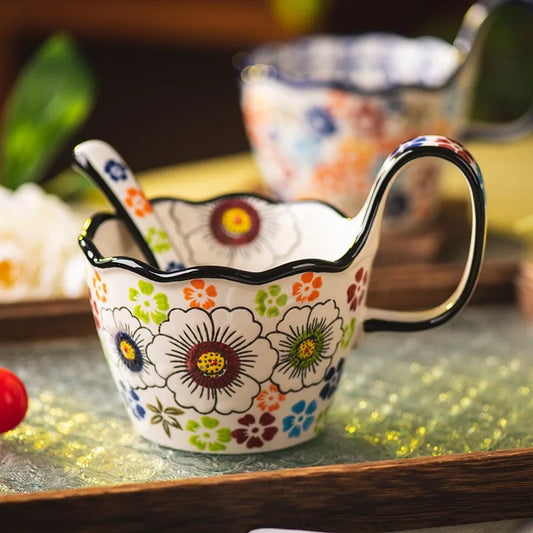 Taza de cerámica vintage de 400 ml con cuchara | Té y chocolate caliente duraderos