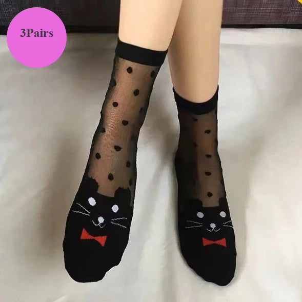 3 Pairs Women's Cat Lace Silk Socks | Thin Cartoon Design Socks