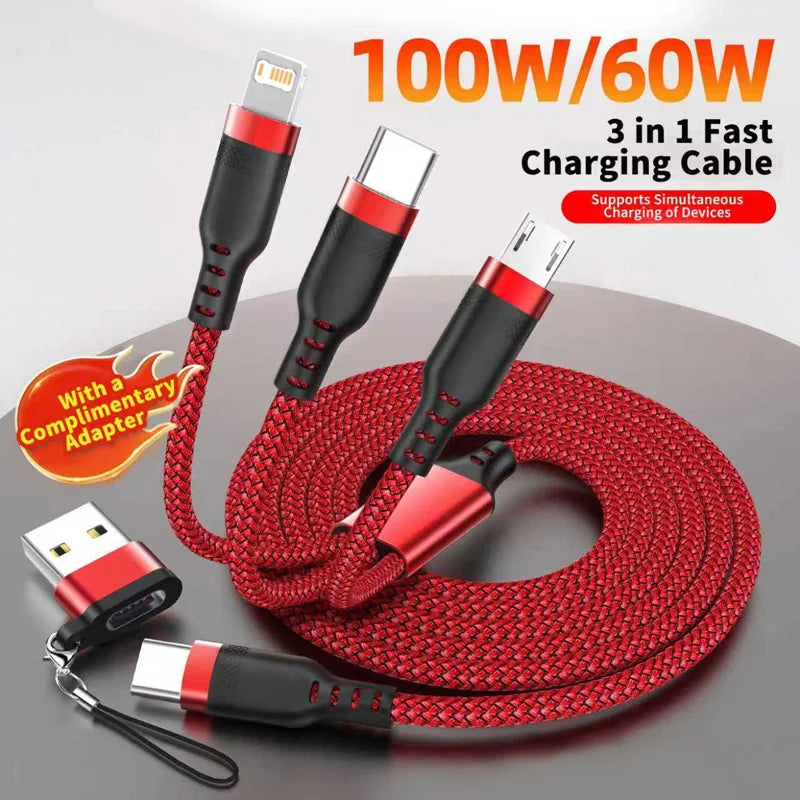3 in 1 Multi-Functional Cable | Fast Charging Braided Cord