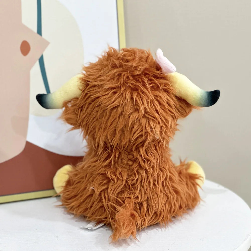 Highland Cow Plush Toy Adorable Realistic Stuffed Animal with Long Fluffy Hair & Bow, Soft Cuddly Gift Kids Children Collectible