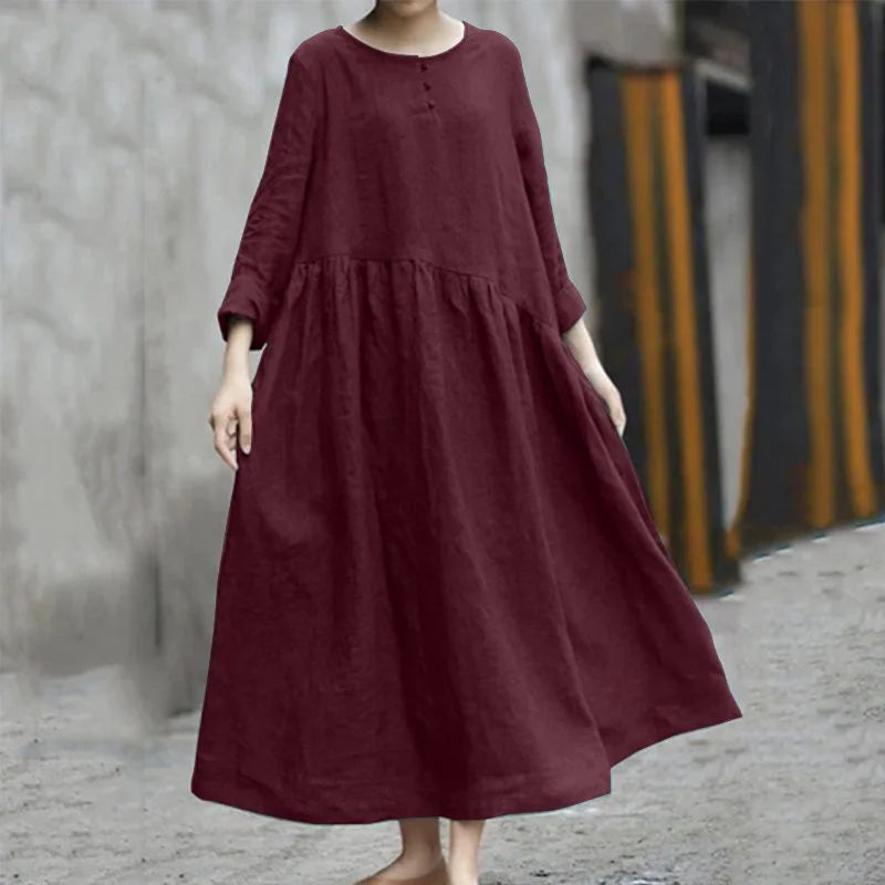 Women's Asymmetrical Cotton Linen Long Dress | Stylish Autumn Wear