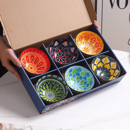Juego de 6 cuencos de cerámica bohemios | Elegante colección de vajilla