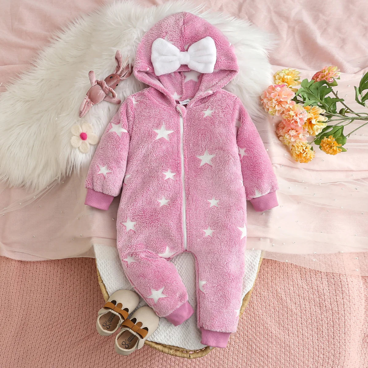 Girls Winter Plush Zipper Hooded Romper Suit | Soft and Cozy Baby Clothes
