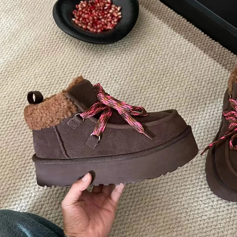 Women's Thickened Sheepskin Wool Snow Boots | Warm Fleece Lined Mid-Calf Ankle Boots Winter 2026