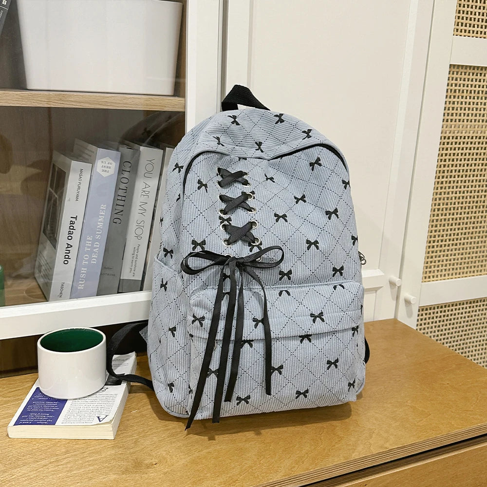Bow Knot Corduroy Backpack for Women, Fashionable and Versatile, with a High Aesthetic Appeal for Young Girls, Backpack