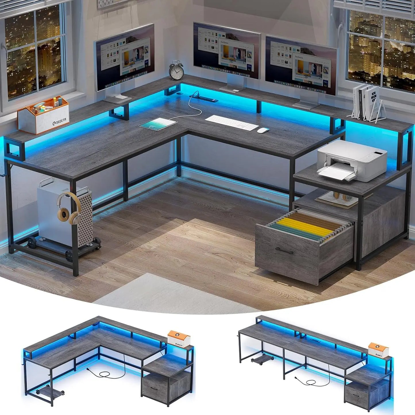 66" Gaming Desk | Corner Home Office Desk with Storage & LED Lights
