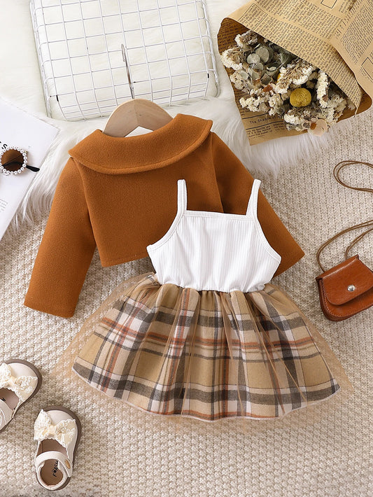 Baby Girl Plaid Tulle Skirt Dress & Cropped Jacket Set | Stylish Outfit