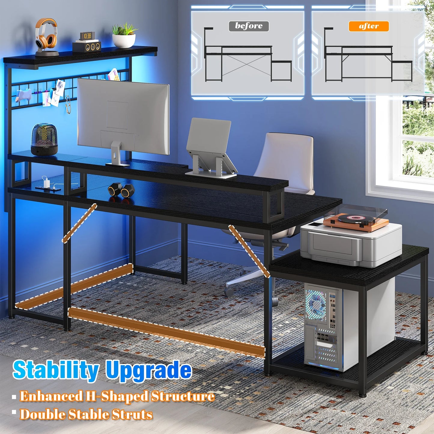 L Shaped Gaming Desk with LED Lights & Power Outlets for Home Office