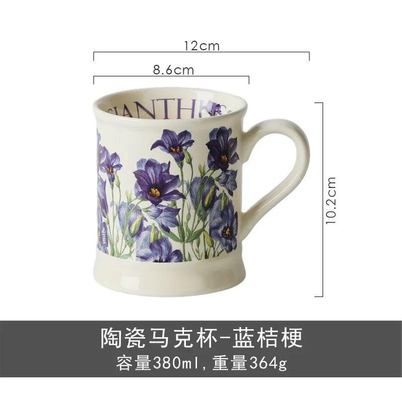 Creative Flower Classical Ceramic Cup Breakfast Milk Oatmeal Coffee Cup Household Kitchen Office Hand-painted Cups 380ml Gift