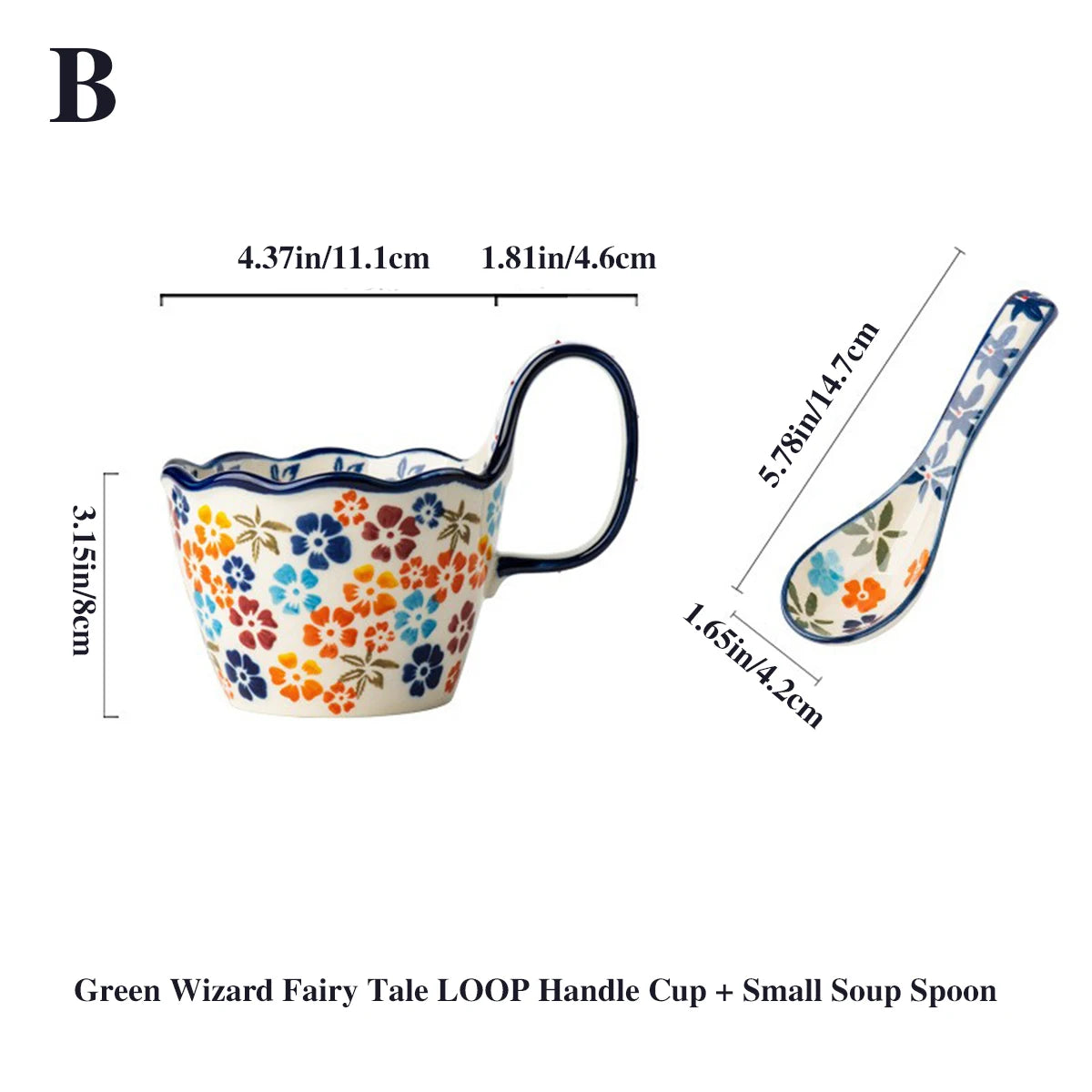 400ml Vintage Ceramic Mug with Handle and Spoon- Durable Drinkware Tea or Hot Chocolate, Sturdy Handle Design Gifts