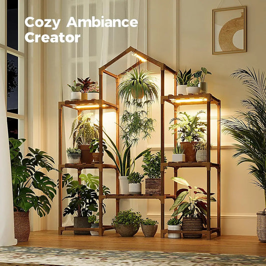 Wood Plant Shelf with Grow Lights for Indoor and Patio Decor