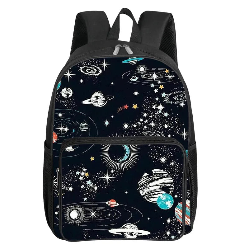 Cosmic Planet Pattern Square Front Pocket Backpack for Boy and Girls Best Gifts 2D Flat Cartoon SchoolBags for Children