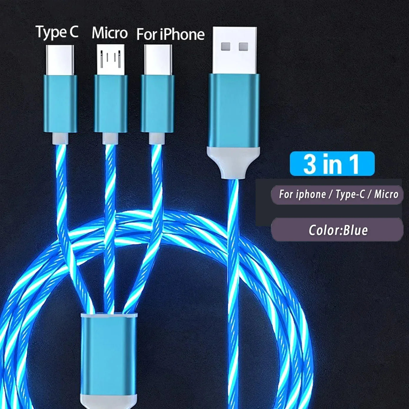 3 IN 1 Glowing LED Light Phone Charger | Luminous USB Type C Cable