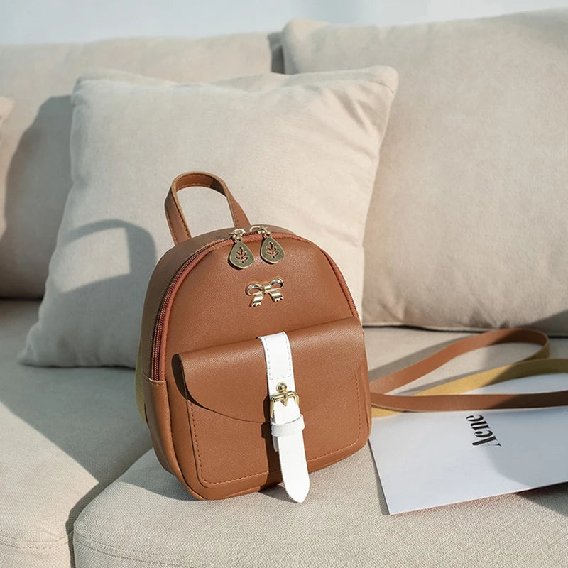 Women's Mini Backpack PU Leather Kawaii Backpack Cute Graceful Bagpack Small School Bags For Girls Bow-knot Leaf Hollow