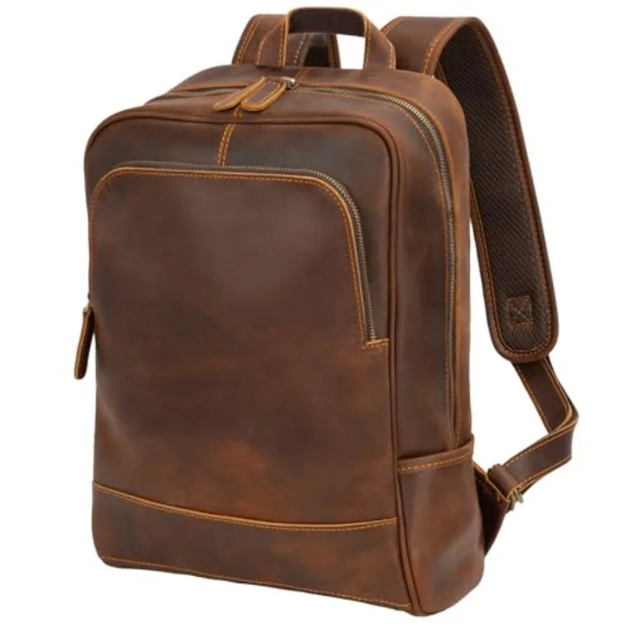 Leather Backpack for Men 15.6" Laptop Backpack 100% Madagascar top-Grain Leather Backpack Black Medium Size