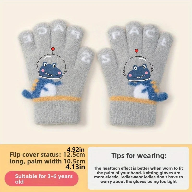 Kids Cartoon Dinosaur Fleece Lined Gloves | Thick Warm Knitted Five-Finger Winter Mittens 2026