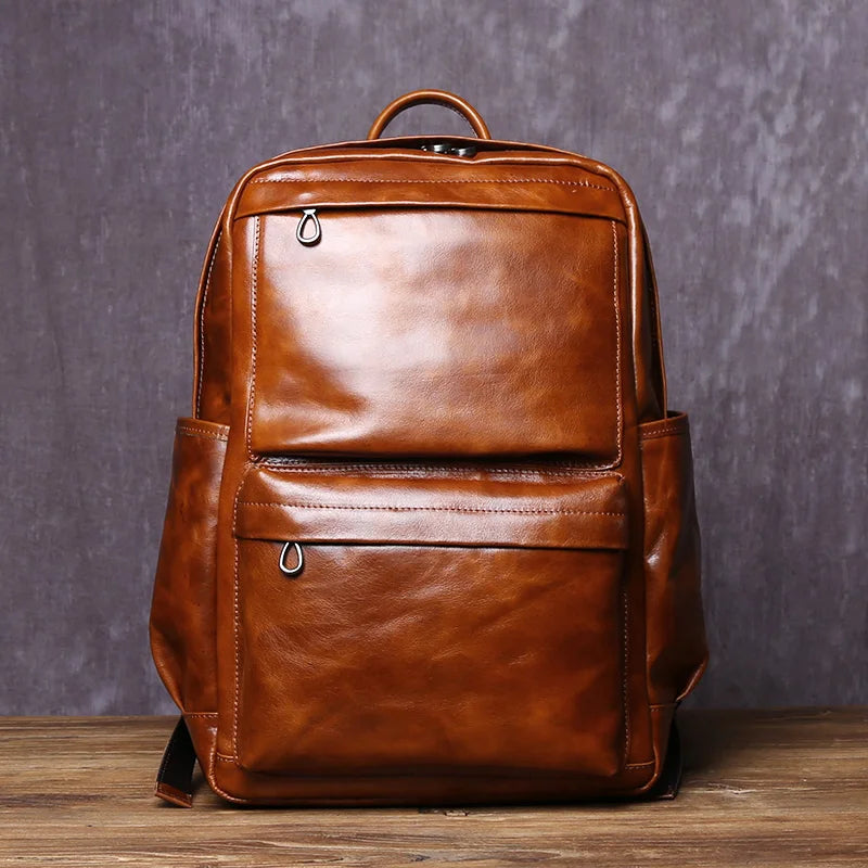 Natural Top Layer Cowhide Backpack For Men's Casual Fashion Large Capacity Genuine Leather Computer Bag