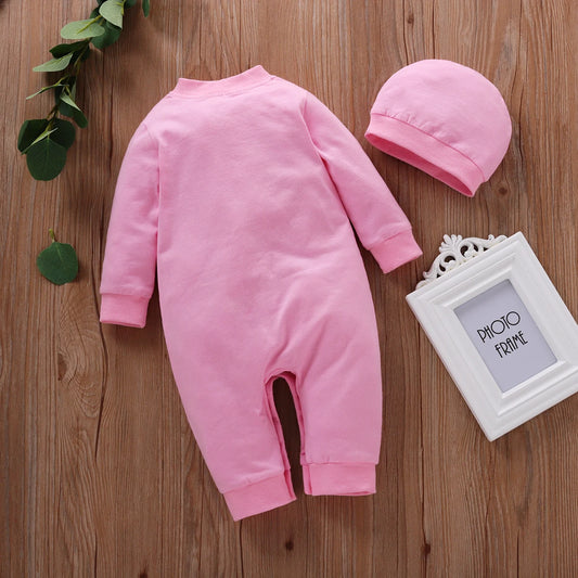 Mameluco unisex rosa claro de manga larga con estampado de corona y gorro