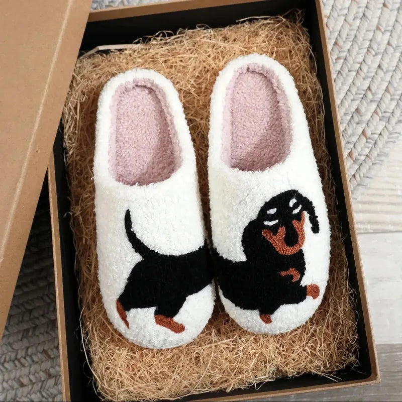 Dachshund Embroidered Plush Slippers | Cozy Winter Indoor Shoes