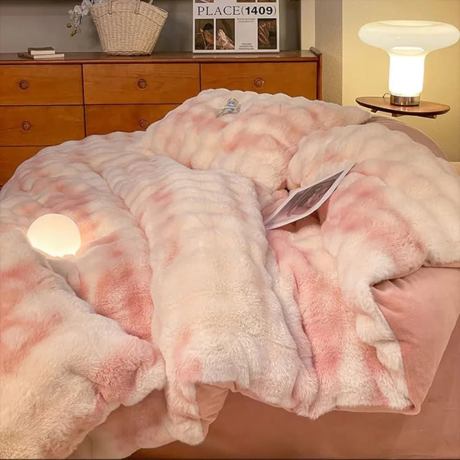 Queen Size Fluffy Plush Shaggy Bedding Set — 4-Piece Ultra Soft Reversible Duvet Cover Set with Bed Sheet & Pillowcases, Warm Winter Plush Set — Green