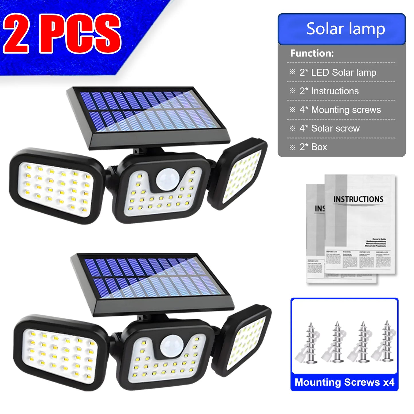 Luces solares ajustables de 3 cabezales | Lámparas de pared para exteriores con sensor de movimiento