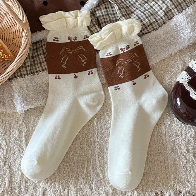 Cute Women's Mid-Calf Socks | Charming Cherry Bow Design