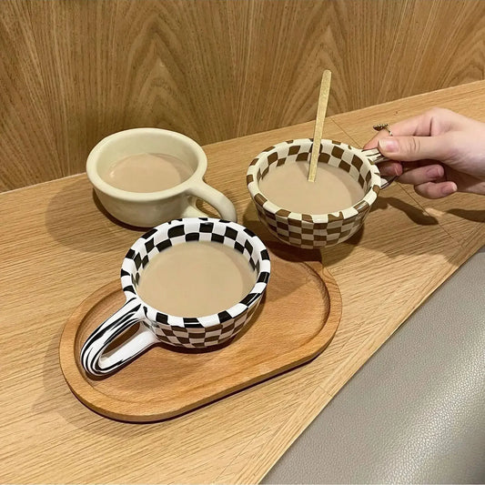 Taza de café de cerámica única con diseño de tablero de ajedrez | Taza elegante para bebidas