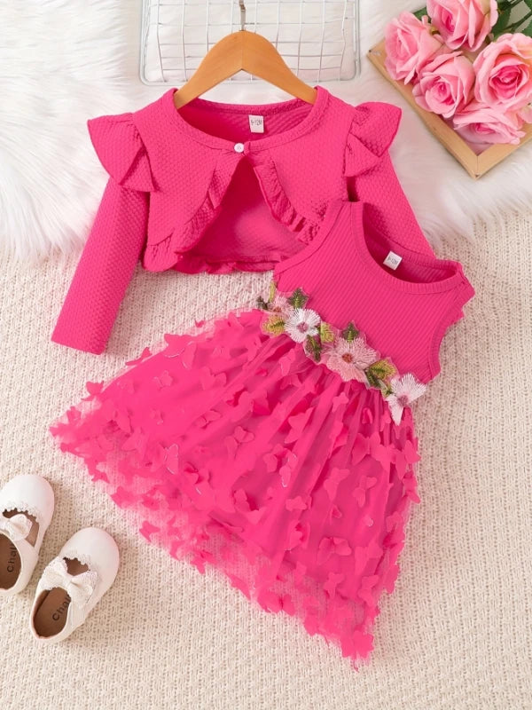 Infant Toddler Girls' Purple Outfit: 3D Butterfly Tulle Dress + Ruffled Knit Cardigan Two-Piece Set