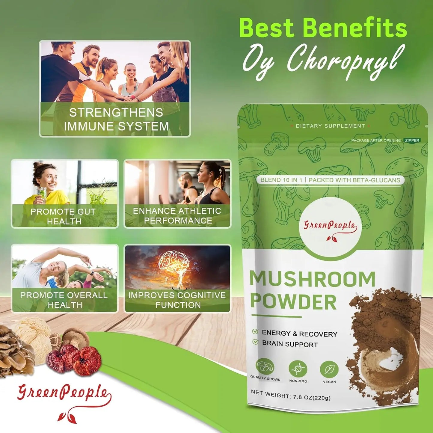 GREENPEOPLE 10-in-1 Mushrooms Lions Mane Supplement Powder with Reishi Complex for Cognitive Function & Immune Support
