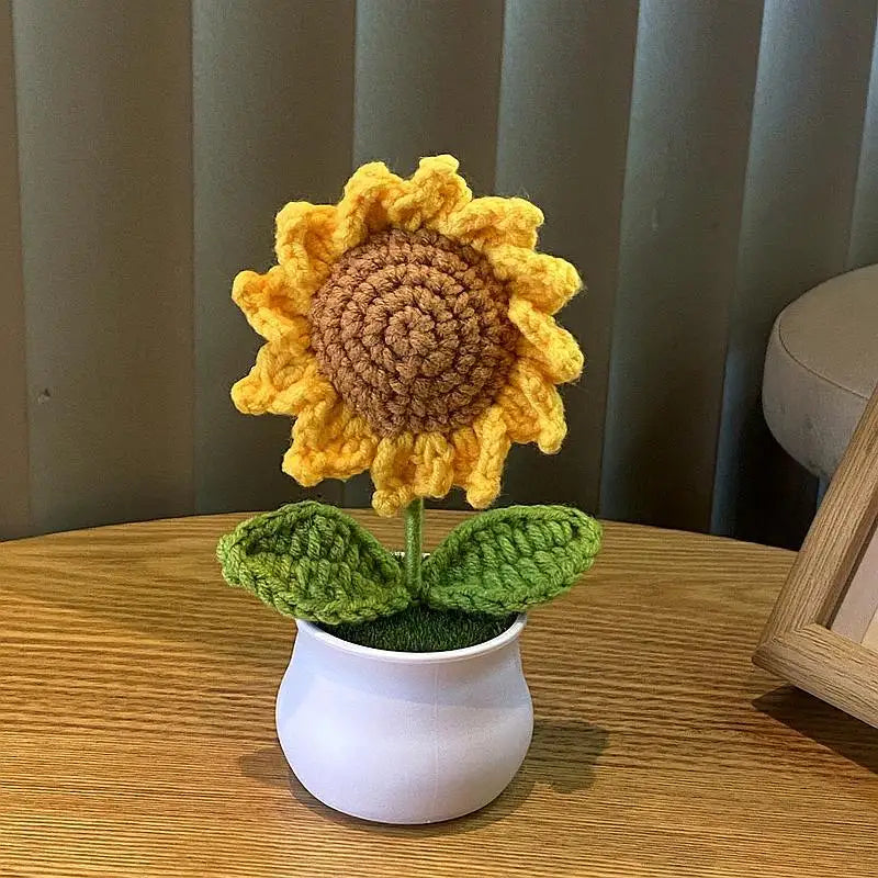 Hand Woven Potted Flower Decoration | Knitted Sunflower Bouquet
