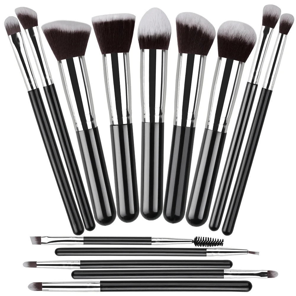 14-16 Piece Professional Makeup Brush Set – Soft Fluffy Goat & Synthetic Hair Brushes for Foundation, Eyeshadow, Blush, Concealer & Powder – Red/Black/Pink/Silver Handles