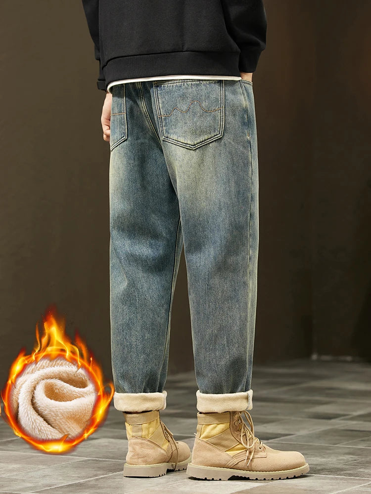 Men's Retro Loose Winter Fleece Jeans | Warm Plush Velvet Pants