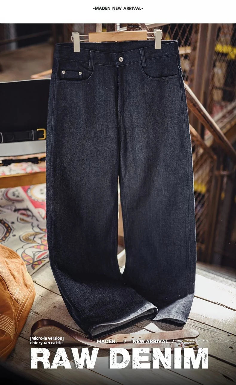 Vintage Loose Fit Raw Denim Wide-Leg Jeans for Men