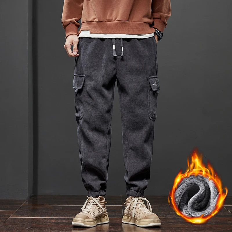 Winter Fleece Warm Men’s Corduroy Jogger Pants Thick Loose Cargo Harem Trousers Velvet Plush Casual Sweatpants