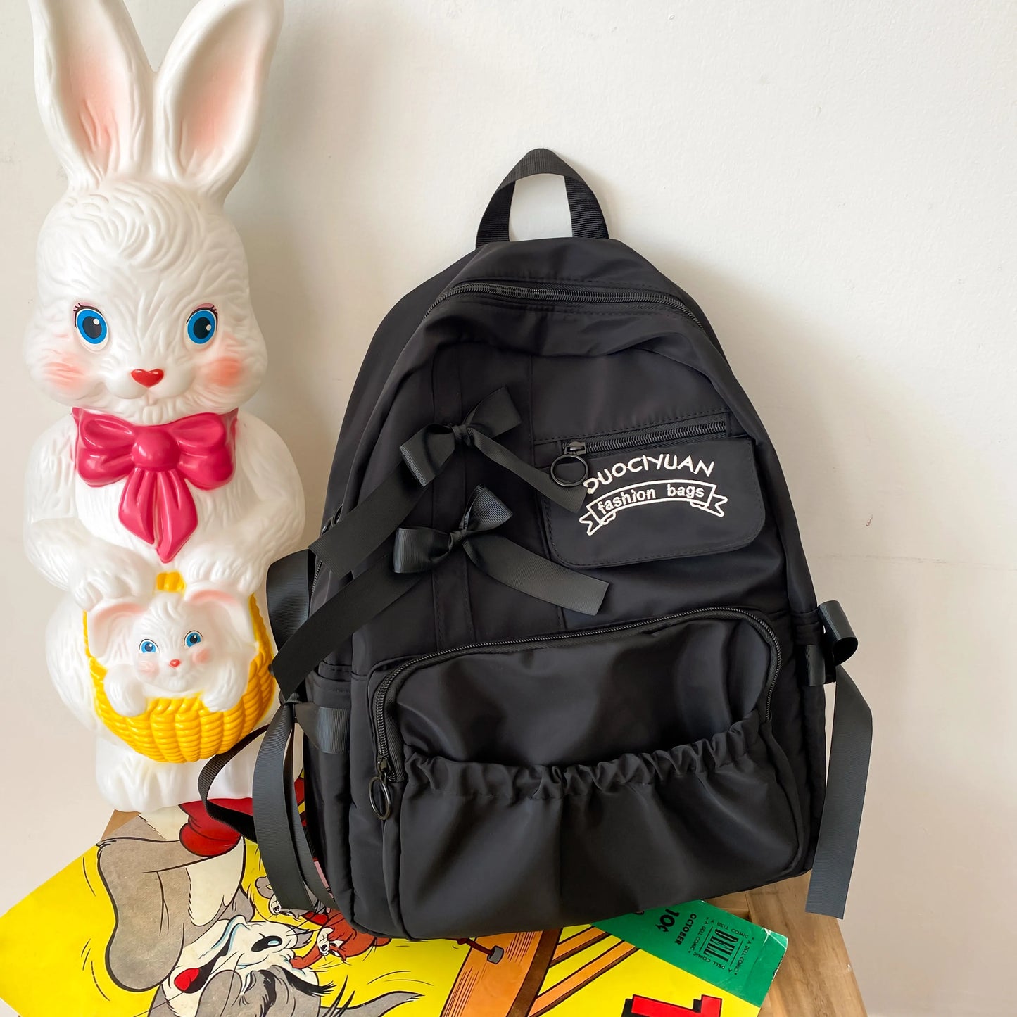 Cute Bow Accent Backpack Letter Embroidery Nylon School Bag Large Capacity Dual Zippers Adjustable Straps Back To School Season