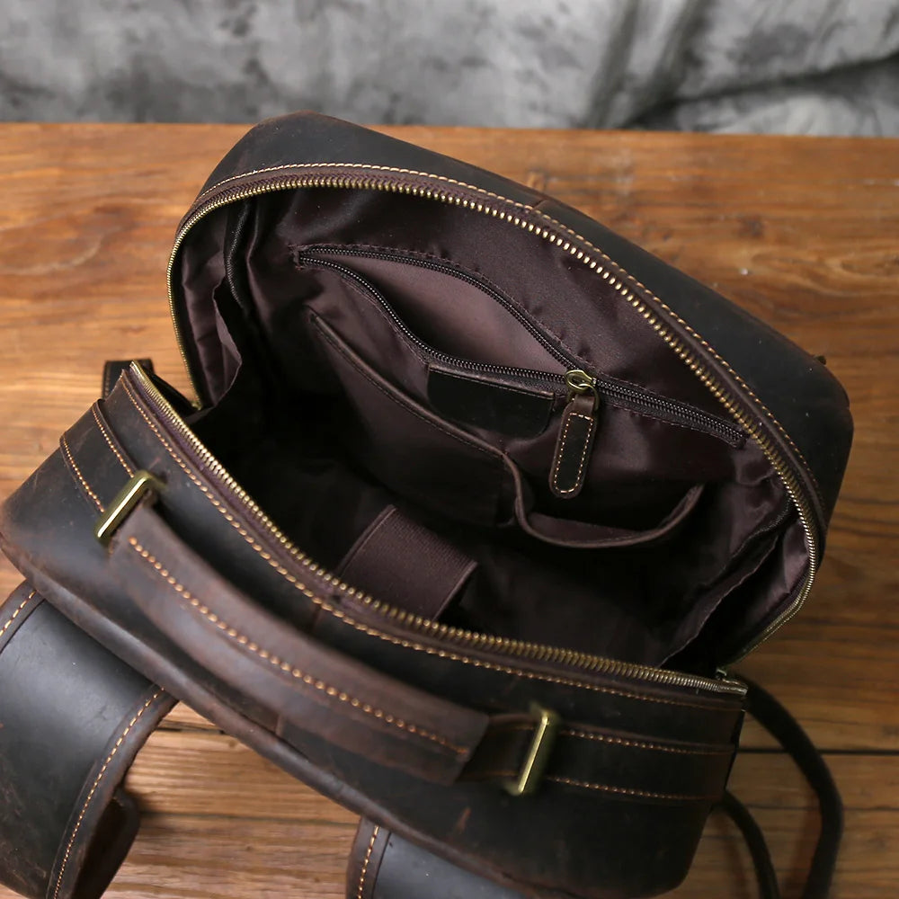 NZPJ Vintage Genuine Leather Men's Backpack Top-Grain Cowhide Business Laptop Bag Crazy Horse Leather Travel Bag For Business