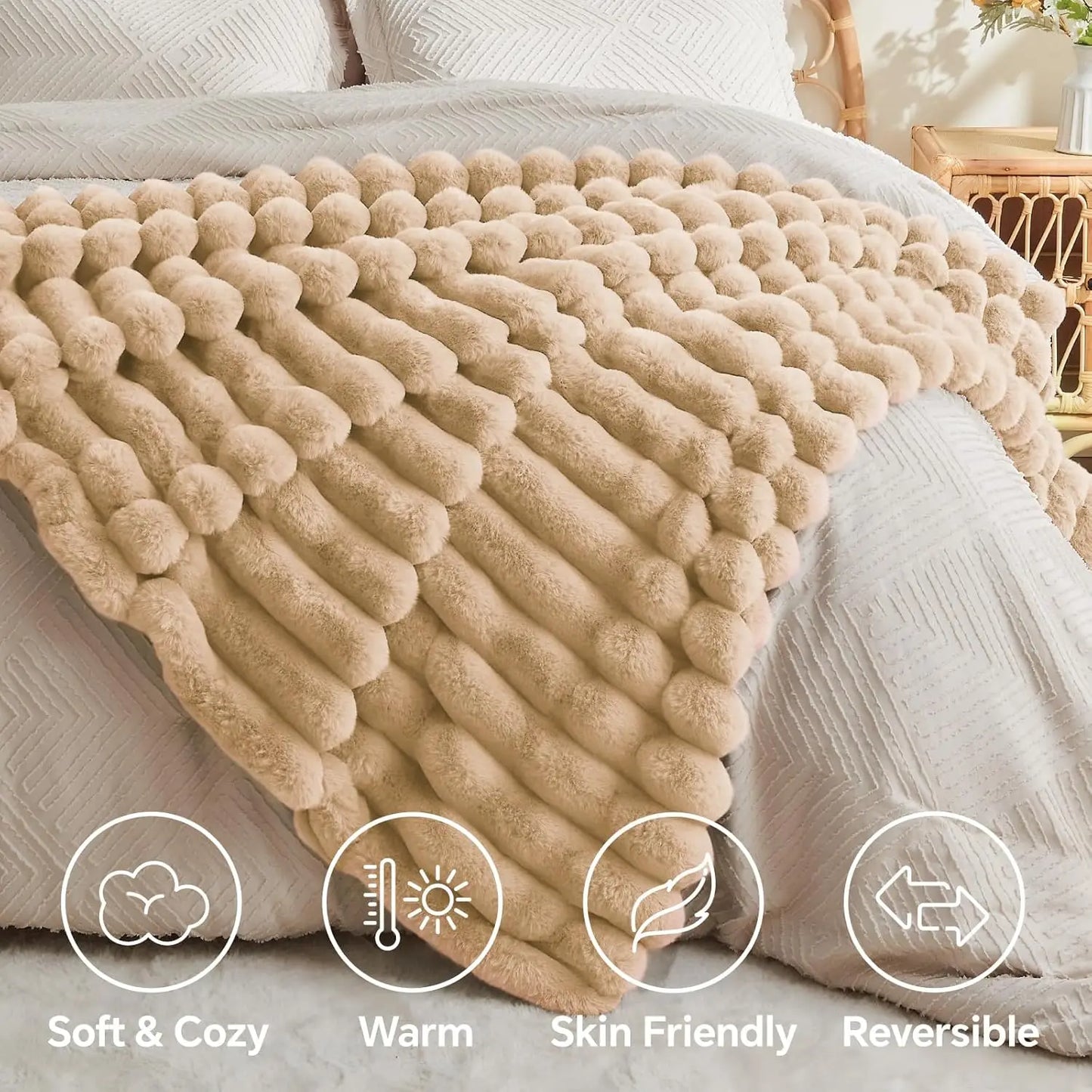 Faux Fur Throw Blanket for Couch – Soft & Cozy Luxurious 3D Striped Fluffy Blanket, Thick Warm Plush Fuzzy Throw 60" x 80" (770 GSM)