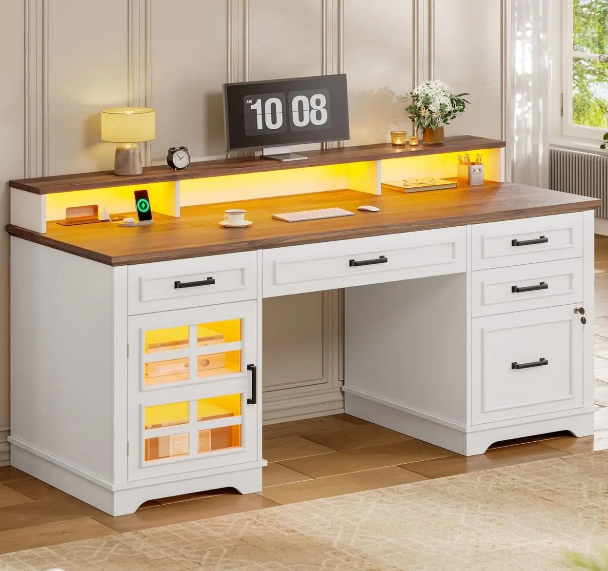 Stylish 60'' Farmhouse Executive Desk with Outlet & LED Light