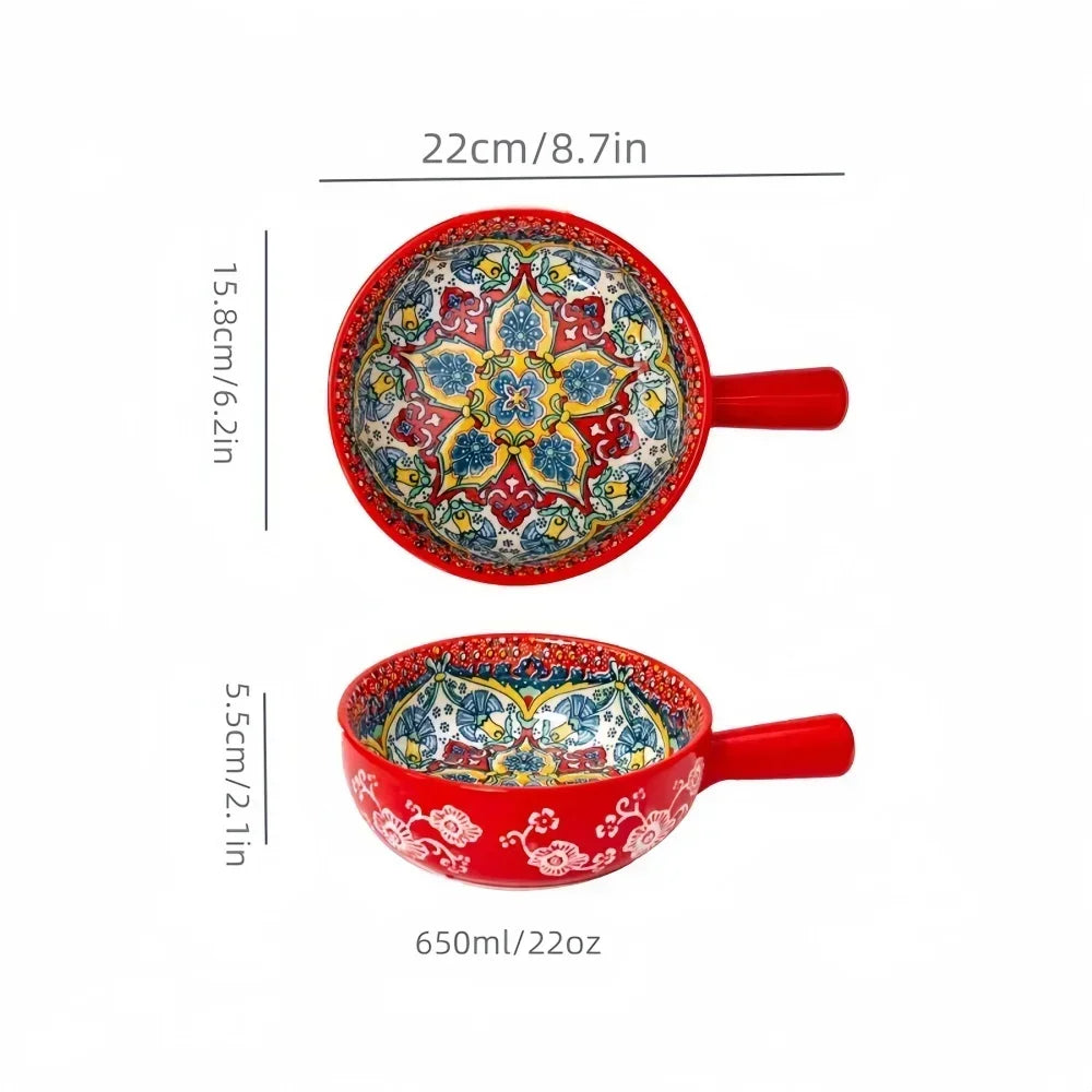 Bohemian Ceramic Hand-Painted Embossed Patterned Salad Bowl with Handle Kitchen Bakeware Microwave & Oven Safe 1 pc