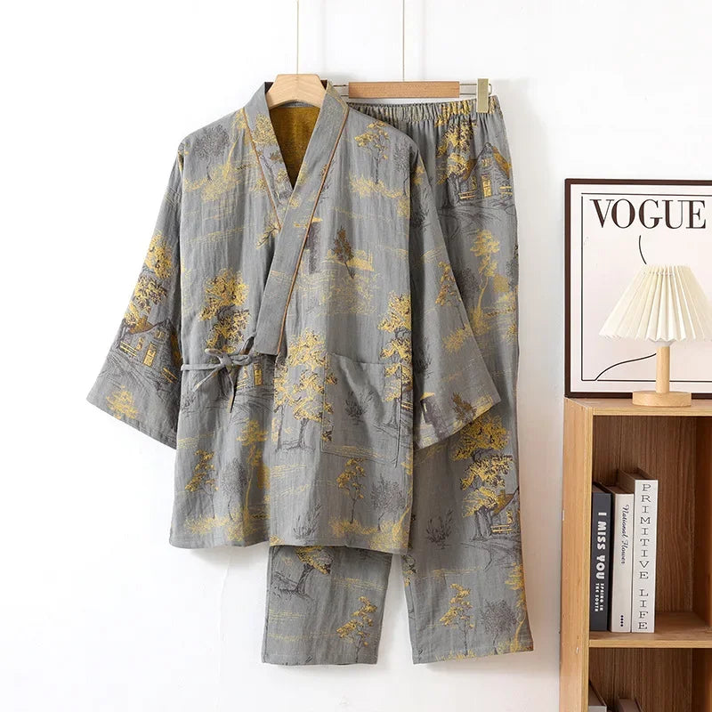 Roomwear Cotton Kimono Pajamas Men's Robes for Spring Jacquard Printed Home Clothing Medium Length Oversized Breathable Bathrobe